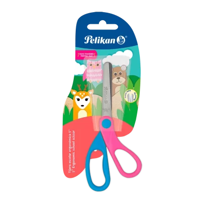 Tijera escolar pelikan ergonómica 5 pulgadas colores con tarjeta exhibidor de 12 unidades