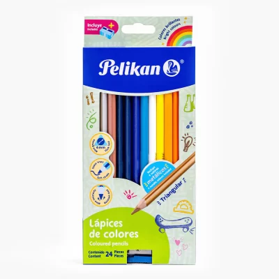 Crayón de madera triangular largos + sacapuntas pelikan caja 24 colores